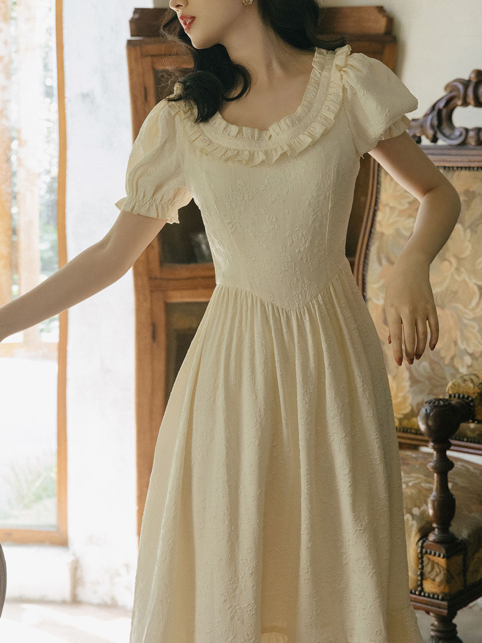 White Puff Sleeve Ruffles Vintage 1950s Swing Victoria's Fairy Dress, White / S