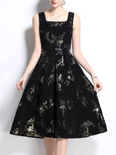 Load image into Gallery viewer, Black Luxury Flower Print Sleeveless High Waist Swing Vintage Dress With Pockets
