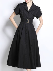 1940S Lapel Shirt Cotton Dress with Pockets