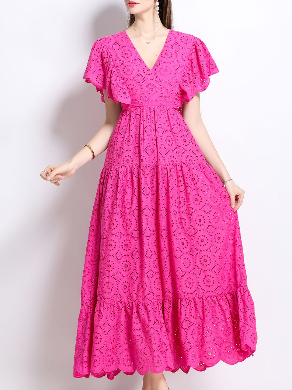 Embroidered Openwork V Neck Ruffles Maxi Dress, Fuchsia / S Embroidered Openwork V Neck Ruffles Maxi Dress, Fuchsia / S