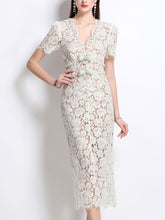 Load image into Gallery viewer, White V Neck Bow Short Sleeve 1950S Vintage Lace Bodycon Dress
