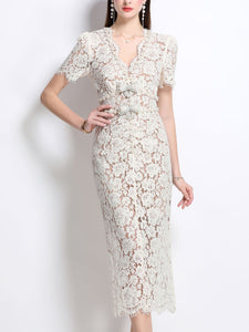 White V Neck Bow Short Sleeve 1950S Vintage Lace Bodycon Dress