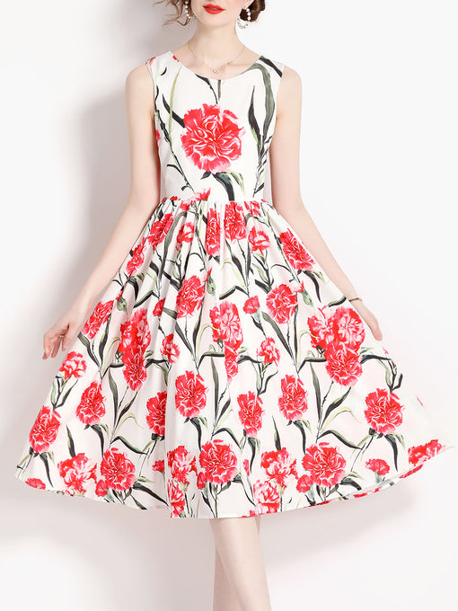 White Flower Print Sleeveless High Waist Swing Vintage Dress