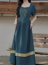 Load image into Gallery viewer, Peacock Blue Bluebell Embroidered Vintage Dress with Lace-Up Back