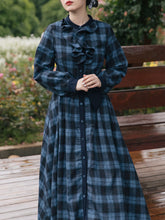 Load image into Gallery viewer, Dark Blue Plaid Ruffle 1950S Vintage Woolen Coat Swing Retro Dress