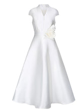 Load image into Gallery viewer, Women's White Satin Cap Sleeve Dress for Wedding Midi Dress