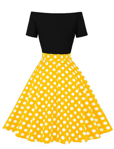 Off Shoulder Polka Dots 1950S Vintage Swing Dress With Button