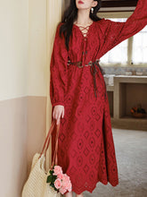 Load image into Gallery viewer, Red Embroidered Hollow Long Sleeve Tassel Holiday Bohemian Dress