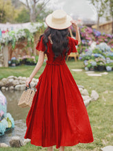 Load image into Gallery viewer, 2PS Red Rose Ruffles Spaghetti Strap Top and High Waist Swing Dress Set