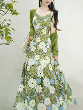 Load image into Gallery viewer, Green Floral Embroidered Lace Maxi Dress Prom Dress With Cardigan