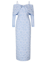 Load image into Gallery viewer, Baby Blue Off Shoulder Oversized Bow Soft Jacquard Maxi Gown with Sheer Mesh Sleeves