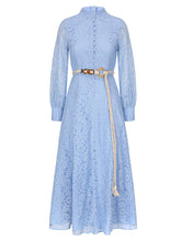Load image into Gallery viewer, Blue Edwardian Lace Stand Collar Long Sleeve Maxi Dress