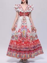 Load image into Gallery viewer, Women’s Dark Boho Floral Printed Chiffon V-Neck Ruffled Summer Beach Maxi Dress