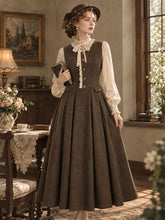 Load image into Gallery viewer, Vintage Brown Victorian-Inspired Ruffle Midi Dress