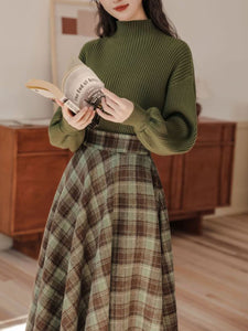 2PS Green Sweater And Plaid Swing Skirt 1950S Vintage Audrey Hepburn's Style Outfits