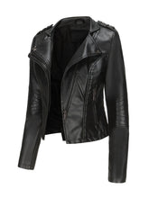 Load image into Gallery viewer, Women's Navy Blue Faux Leather Motorcycle Jacket | Slim Fit Asymmetrical Zip Moto Biker Coat