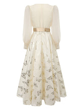 Load image into Gallery viewer, Gold Foil Butterfly Print Pink Vintage Square Neck Maxi Dress with Sheer Bubble Sleeves