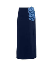 Load image into Gallery viewer, Navy Style Strapless Floral Petal Swimsuit Monokini and Side Slit Beach Maxi Skirt Set