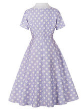 Load image into Gallery viewer, 1950s Purple Peter Pan Collar Polka Dots Swing Dress