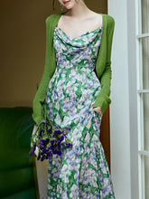 Load image into Gallery viewer, 2PS Green Floral Printed Spaghetti Straps Vintage Dress With Cardigan Suit