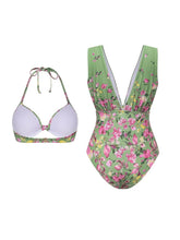 Load image into Gallery viewer, 3PS Sage Green Vintage Halter Cutout Pastel Flower Print Monokini and Flowy Beach Long Skirt Swimsuit Set