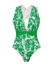 Load image into Gallery viewer, 2PS Green Floral Halter One-Piece Swimsuit with Maxi Skirt