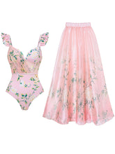 Load image into Gallery viewer, Barbiecore Pink Floral One-Piece Swimsuit with Bathing Suit Skirt