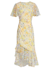 Load image into Gallery viewer, Yellow Floral Print Ruffles 1950S Vintage Dress
