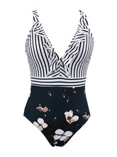 Load image into Gallery viewer, Classic Striped V-Neck One-Piece Swimsuit with Ruffle Details