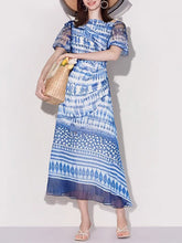 Load image into Gallery viewer, Blue One Shoulder Lantern Sleeve Printed Fishtail Vintage Dress
