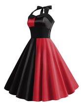 Load image into Gallery viewer, Red &amp; Black Split Halter Dress, Halloween Gothic Jester Cosplay Vintage 1950s Party Swing Dress