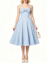 Load image into Gallery viewer, Vintage Blue Plaid Dorothy Dress, 1950s Sweetheart Neckline Retro Picnic A-Line Swing Dress