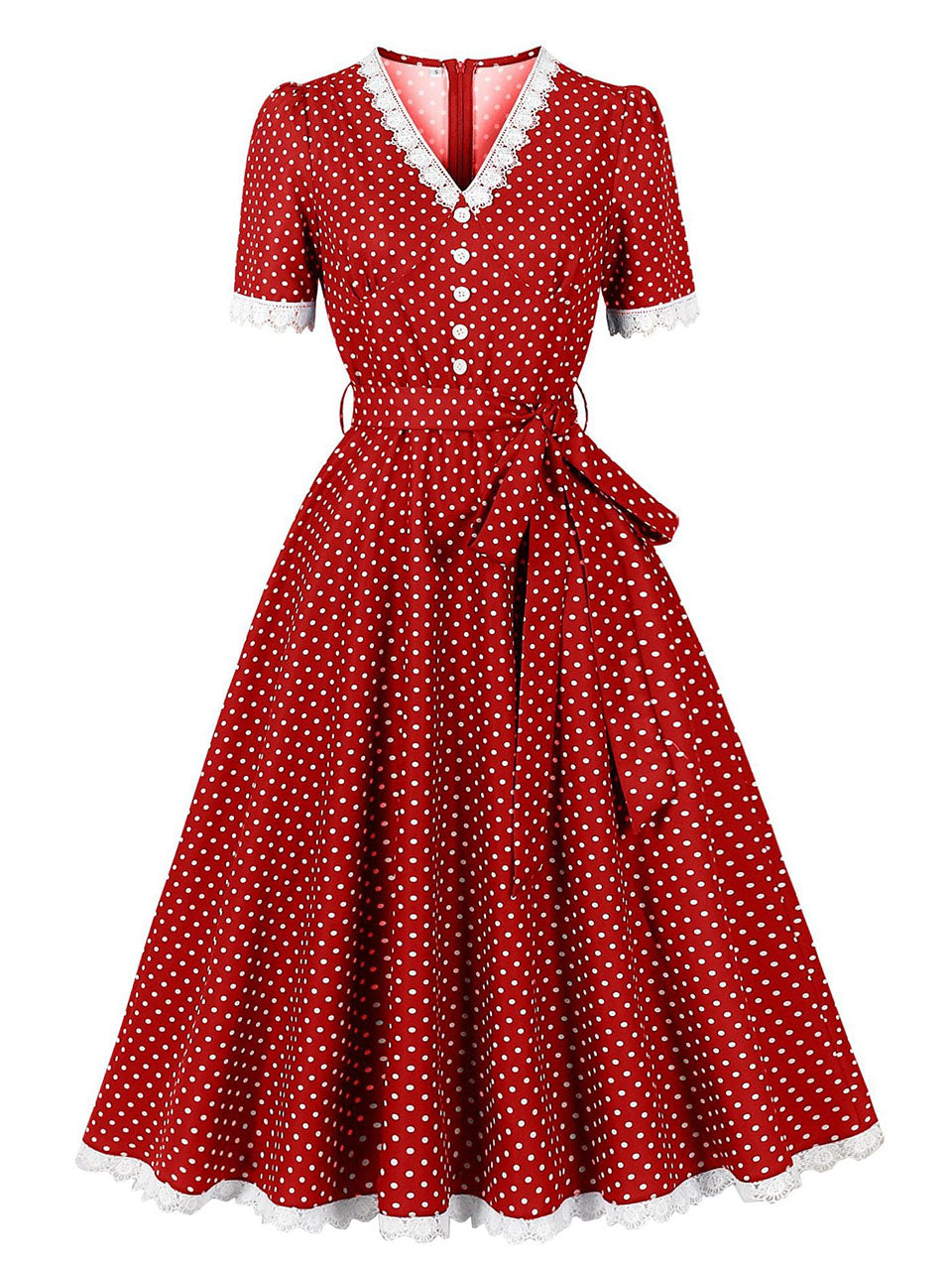 1950 swing dress Vintage Lace Red V Neck Polka Dots 1950s Swing Dress, Wine Red / XXL