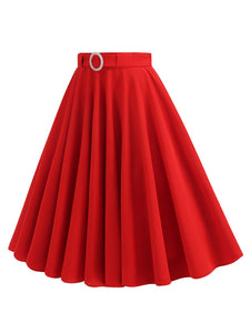 1950s Red High Waist Pleated Swing Vintage Skirt with Belt