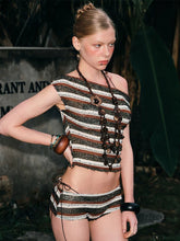 Load image into Gallery viewer, Brown Striped Knit 4-Piece Bikini Set with Boat Neck Crop Top and Side Tie Shorts