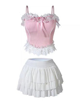 Load image into Gallery viewer, Pink Lace Bandeau and White Tutu Skirt Bikini Set  Two Piece High Waist Swimsuit