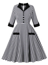Load image into Gallery viewer, Black White Plaid V Neck 1950s Three-Quarter Sleeves Swing Dress