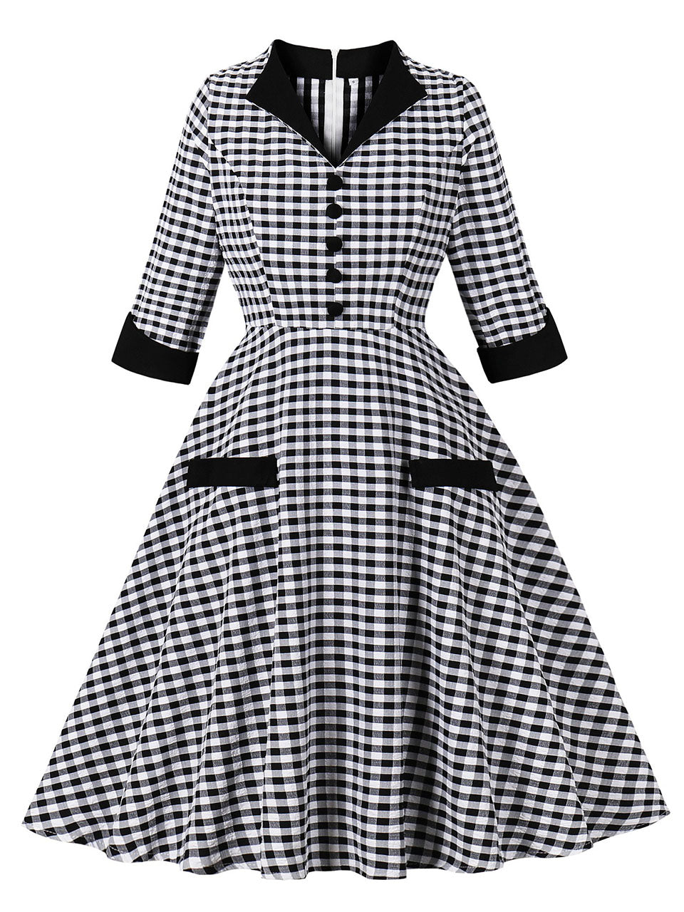 50s black and white dress Plaid V Neck 1950s Three-Quarter Sleeves Swing Dress, Black / S cheap prom dresses Amplova Backless Dress, Sexy stretchy cotton Size:38 Short