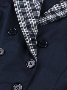 Vintage Double-Breasted Navy Gingham Collar Shirt Dress