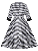 Load image into Gallery viewer, Black White Plaid V Neck 1950s Three-Quarter Sleeves Swing Dress