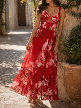 Load image into Gallery viewer, 2PS Red Floral One-Piece Swimsuit and Sheer Maxi Cover-Up Skirt Set