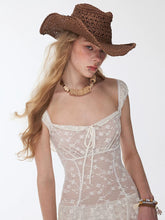 Load image into Gallery viewer, White Lace One Piece Swimdress Square Neck Skirted Swimsuit with Tie Front
