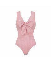Load image into Gallery viewer, Barbiecore Pink and White Vertical Striped Strap One-Piece Swimsuit with Bathing Suit Skirt