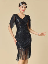 Load image into Gallery viewer, Women's 1920s Flapper Dress with Fringe Sleeves Black Gold Gatsby Costume Sequined Beaded Dress