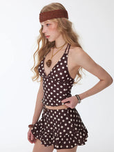 Load image into Gallery viewer, Retro Brown Polka Dot Tankini Set with Ruffle Skirt Two Piece Boho Swimsuit