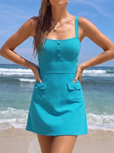 Load image into Gallery viewer, 2PS Turquoise Blue Button-Front One-Piece Swimsuit &amp; Pocket Mini Skirt Cover-Up Set