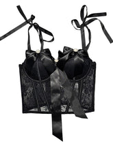 Load image into Gallery viewer, Black Bow Nude Lace Corset Top - Pearl Embellished Bustier with Tie Straps