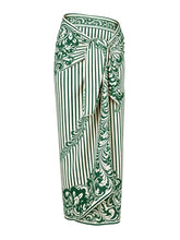 Load image into Gallery viewer, 2PS Women’s Green and White Paisley Tile Print V-Neck Swimsuit and Stripe Sarong Set