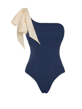 Load image into Gallery viewer, 2PS Navy Blue One Shoulder Tie-Bow Swimwear with Tribal Print Sarong Cover-Up Set