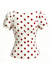 Load image into Gallery viewer, 1950s Vintage  Sweetheart Neck Retro White and Red Puff Sleeve Blouse Rockabilly Shirt